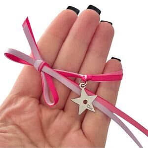 VTG Christian Dior Beauty Pink Ribbon Bow & Star Charm Tie Around Bracelet